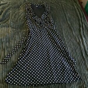 Chaps by Ralph Lauren Faux Wrap Polka Dot Dress in Navy. Size Medium.